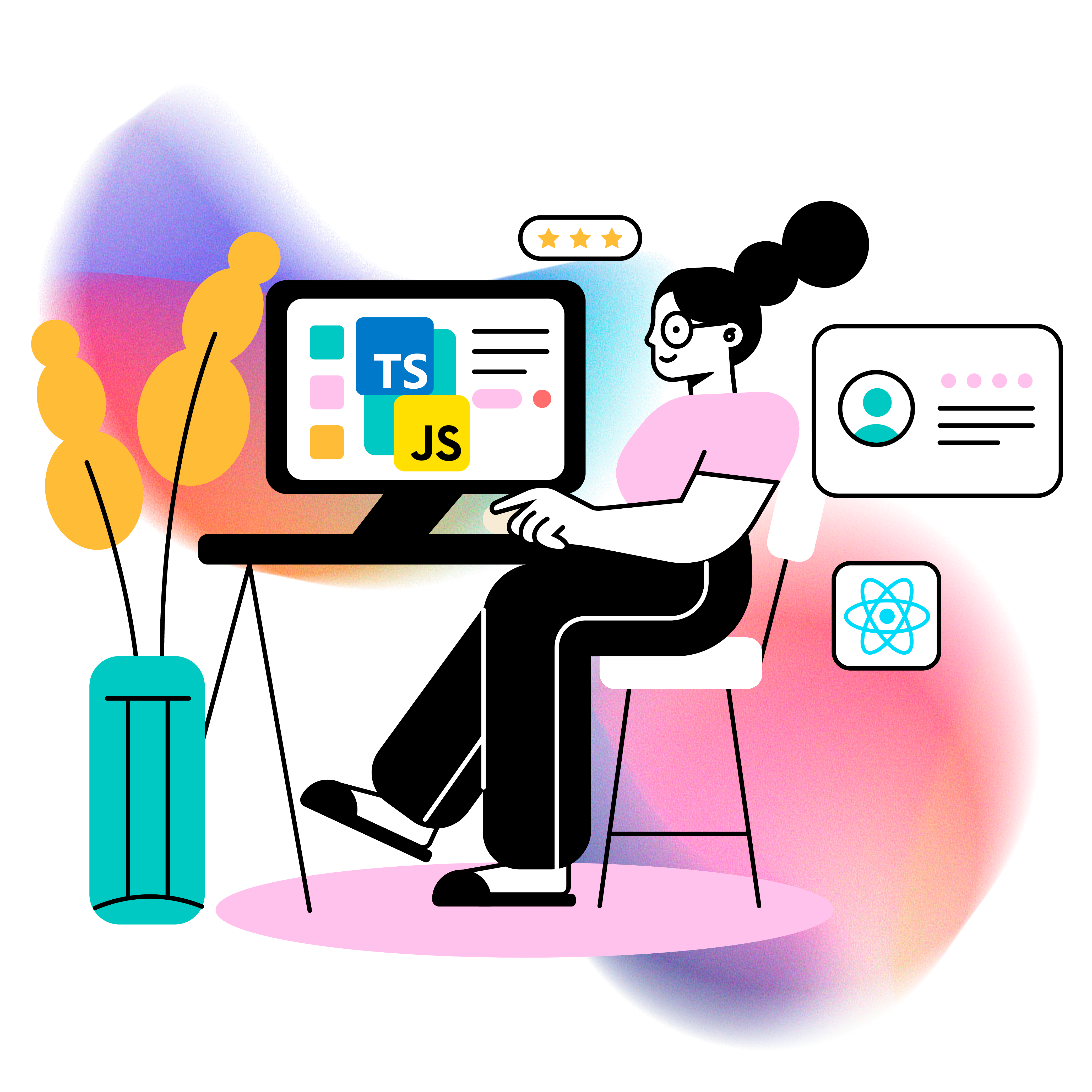 Foto animada de uma mulher sentada em frente a um computador, no qual a tela do computador contém dois ícones: ícone do Typescript, azul e o ícone do Javascript, amarelo. Créditos: Drawkit